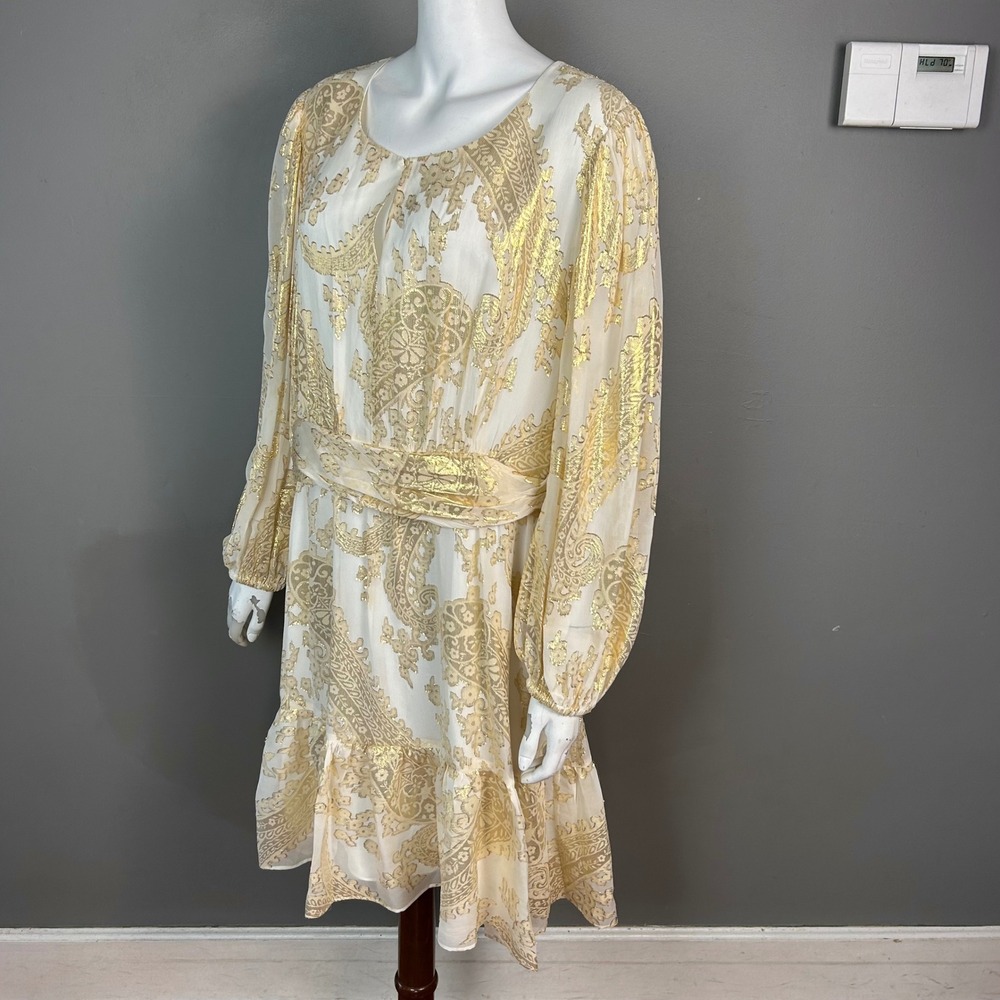 Kobi Halperin Dress XXL 2XL Gold White Leah Tiered Metallic Jacquard Boho Event